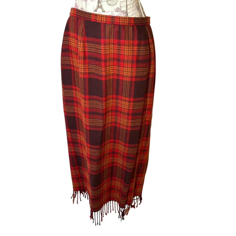 Vintage Plaid Maxi Skirt Red Brown Fringe SZ 8 90s Tweed Fringe Hem Elastic